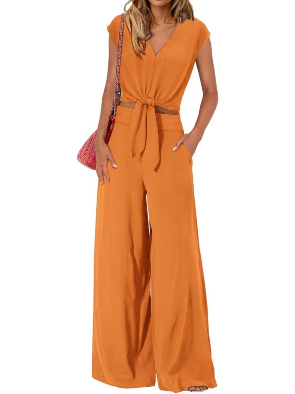 Women's Orange Summer 2 Piece Outfits Cap Sleeve V Neck Belted Crop Tops